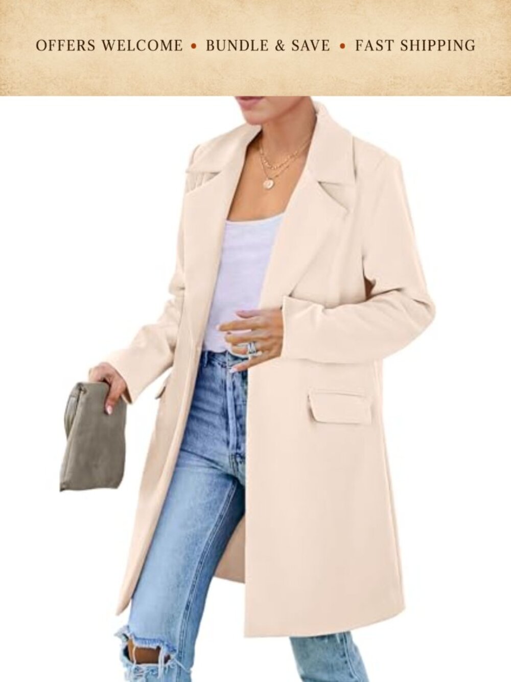 Long Blazer Jacket Notch Lapel Loose Fit Work Casual